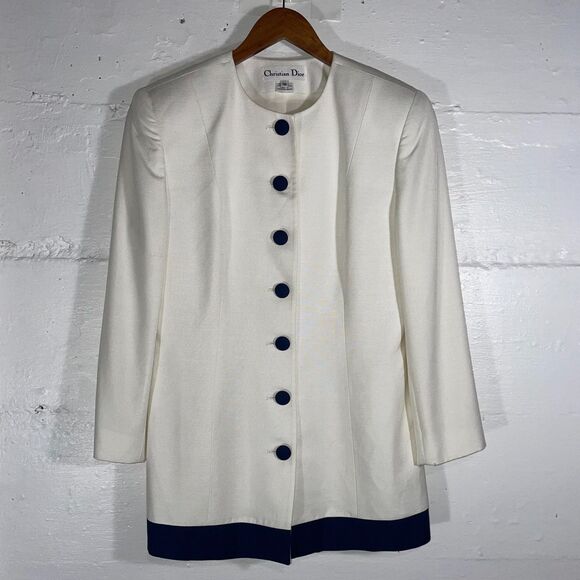 Vintage Christian Dior Cream and Navy Blazer Size 10 Elegant Classic Minimalist - Picture 2 of 12